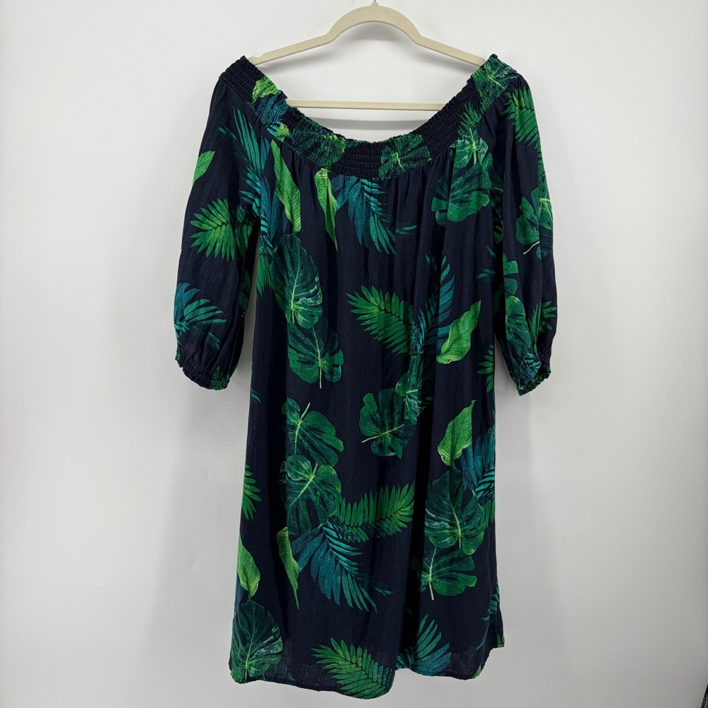 Old Navy Women Large Navy Blue Tropical Palm Leaf Off Shoulder Shift Dress Linen